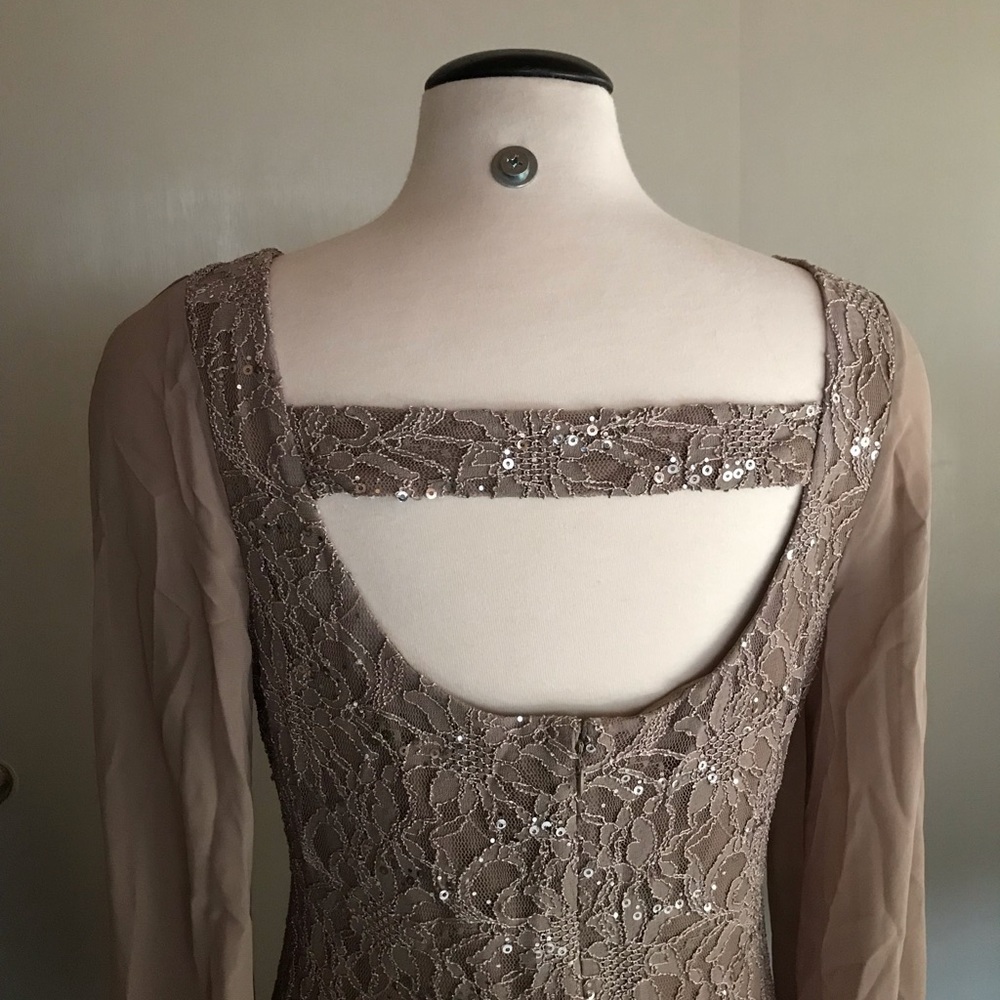 SCARLETT long split sleeve open back lace and sequin dress Taupe 14T